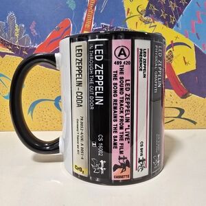Classic Rock coffee mug cassette tape stack for music lovers